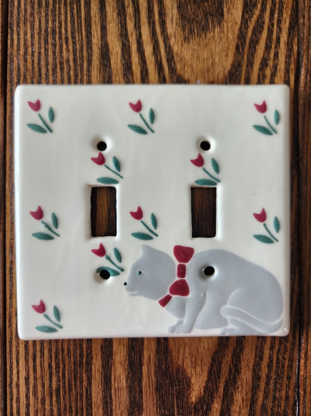 Ceramic Cat And Flower Light Switch Cover - Double Switch